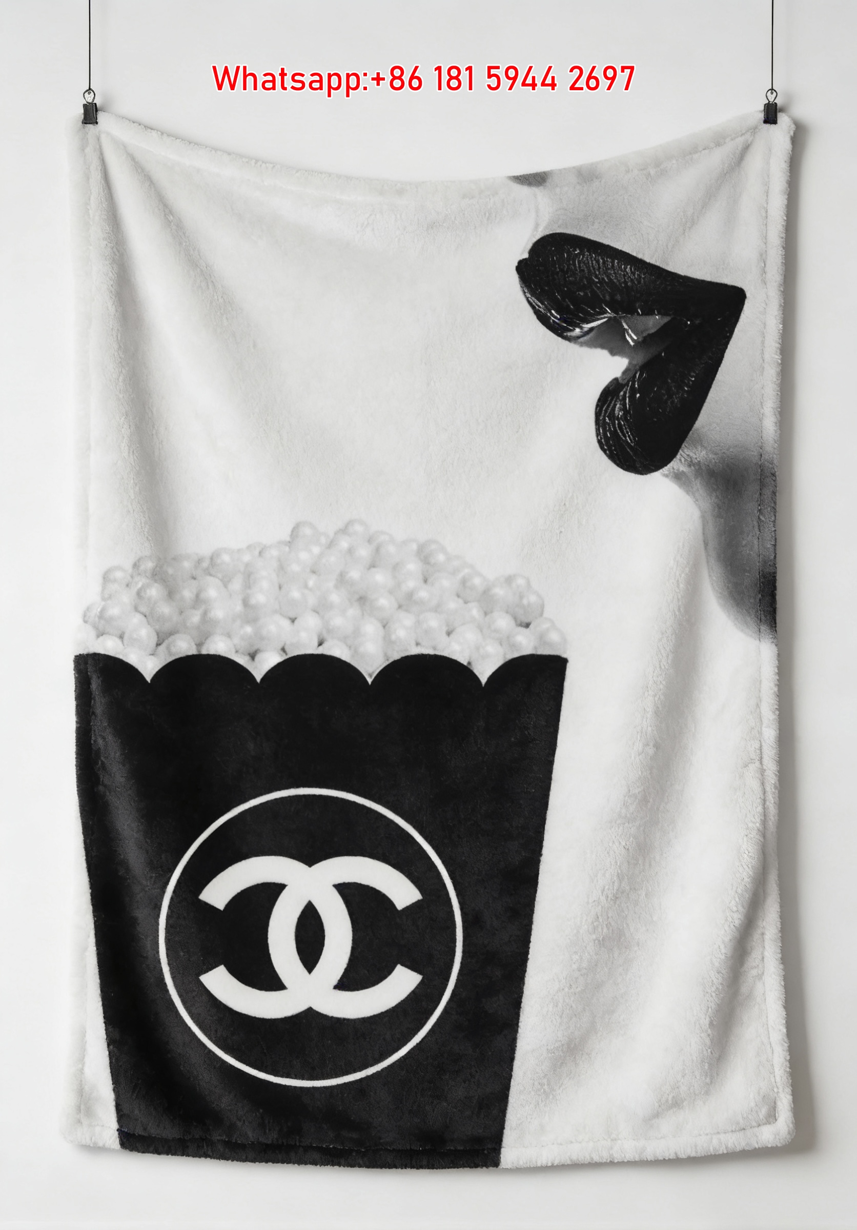 Black & White Chanel Popcorn & Pearl Flannel Throw Blanket IMG_7109